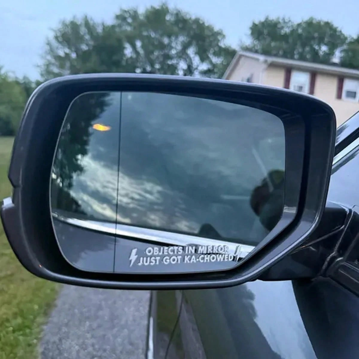 "OBJECTS IN MIRROR JUST GOT KA-CHOWED" Rearview Mirror Stickers-Durable Plastic, Automotive Mirror Waterproof Coating Stickers, Automotive Parts