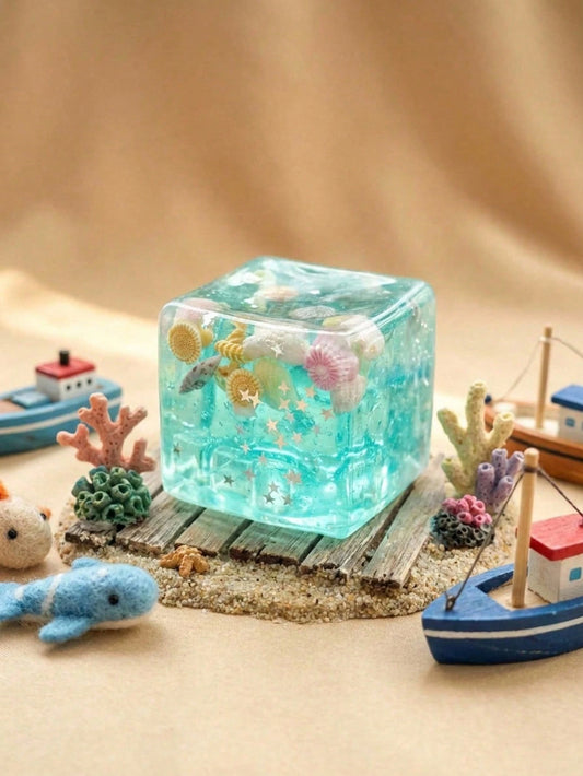 Ocean Themed Sensory Decompression Magic Cube With Cartoon Seashells Conches Fish And Ice Cream Elements, Stress Relieving Toy For Desktop Decor