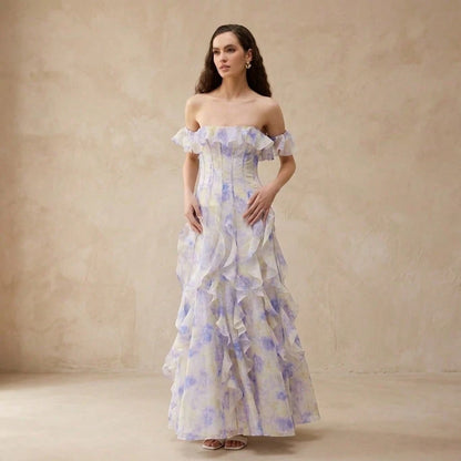 Off Shoulder Maxi Dress With Ruffle Trim Corset Seam Pastel Watercolor Tie Dye Print Elegant French Romantic For Beach Vacation Wedding Guest Resort