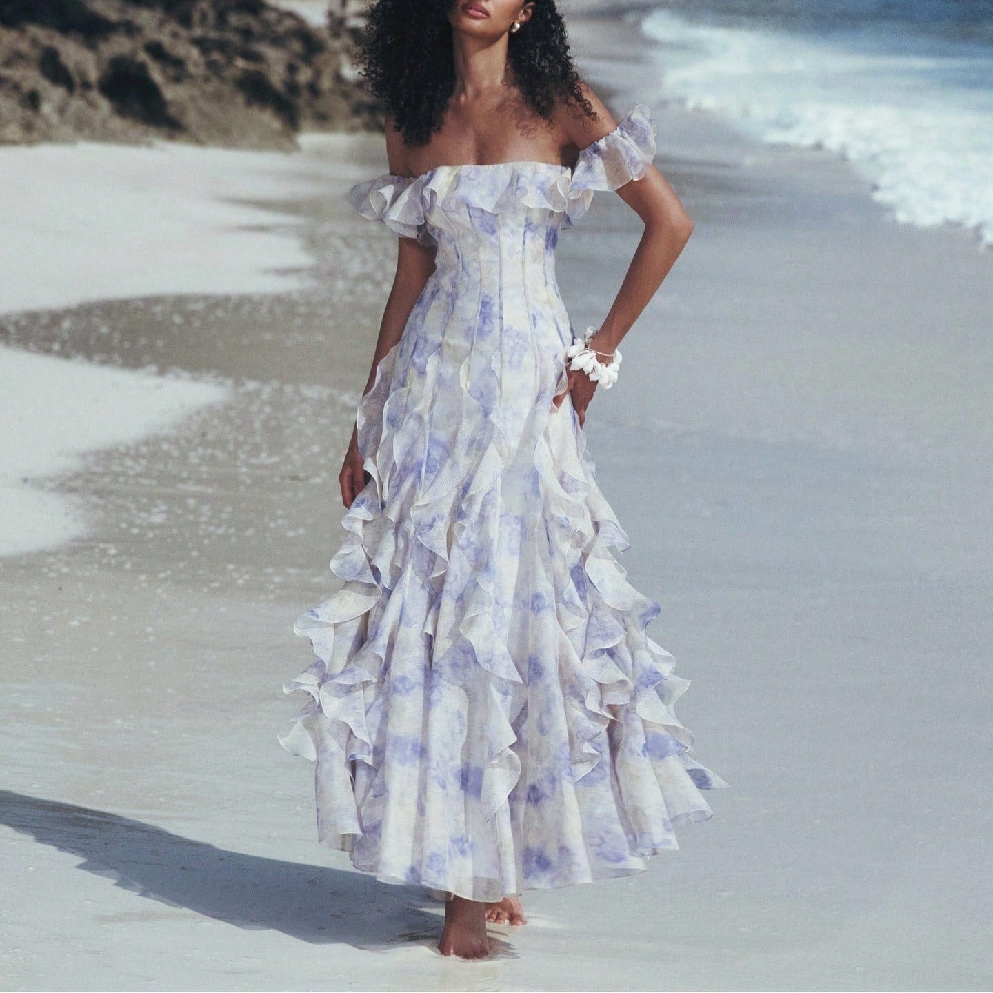 Off Shoulder Maxi Dress With Ruffle Trim Corset Seam Pastel Watercolor Tie Dye Print Elegant French Romantic For Beach Vacation Wedding Guest Resort