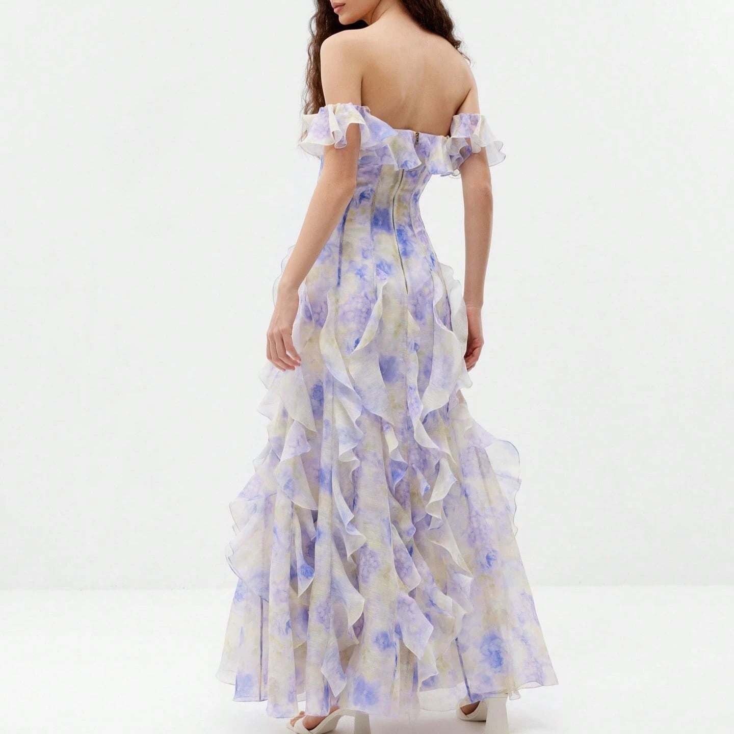 Off Shoulder Maxi Dress With Ruffle Trim Corset Seam Pastel Watercolor Tie Dye Print Elegant French Romantic For Beach Vacation Wedding Guest Resort