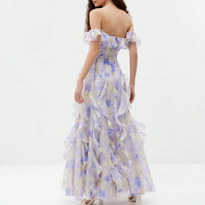 Off Shoulder Maxi Dress With Ruffle Trim Corset Seam Pastel Watercolor Tie Dye Print Elegant French Romantic For Beach Vacation Wedding Guest Resort
