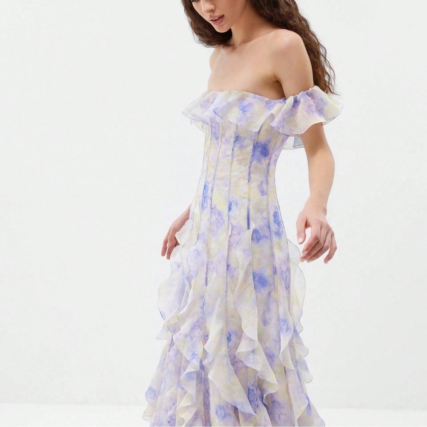 Off Shoulder Maxi Dress With Ruffle Trim Corset Seam Pastel Watercolor Tie Dye Print Elegant French Romantic For Beach Vacation Wedding Guest Resort