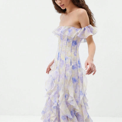 Off Shoulder Maxi Dress With Ruffle Trim Corset Seam Pastel Watercolor Tie Dye Print Elegant French Romantic For Beach Vacation Wedding Guest Resort