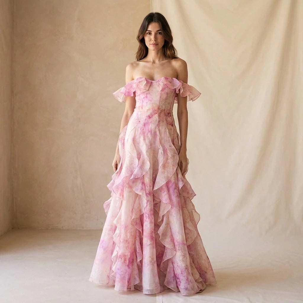 Off Shoulder Maxi Dress With Ruffle Trim Corset Seam Pastel Watercolor Tie Dye Print Elegant French Romantic For Beach Vacation Wedding Guest Resort