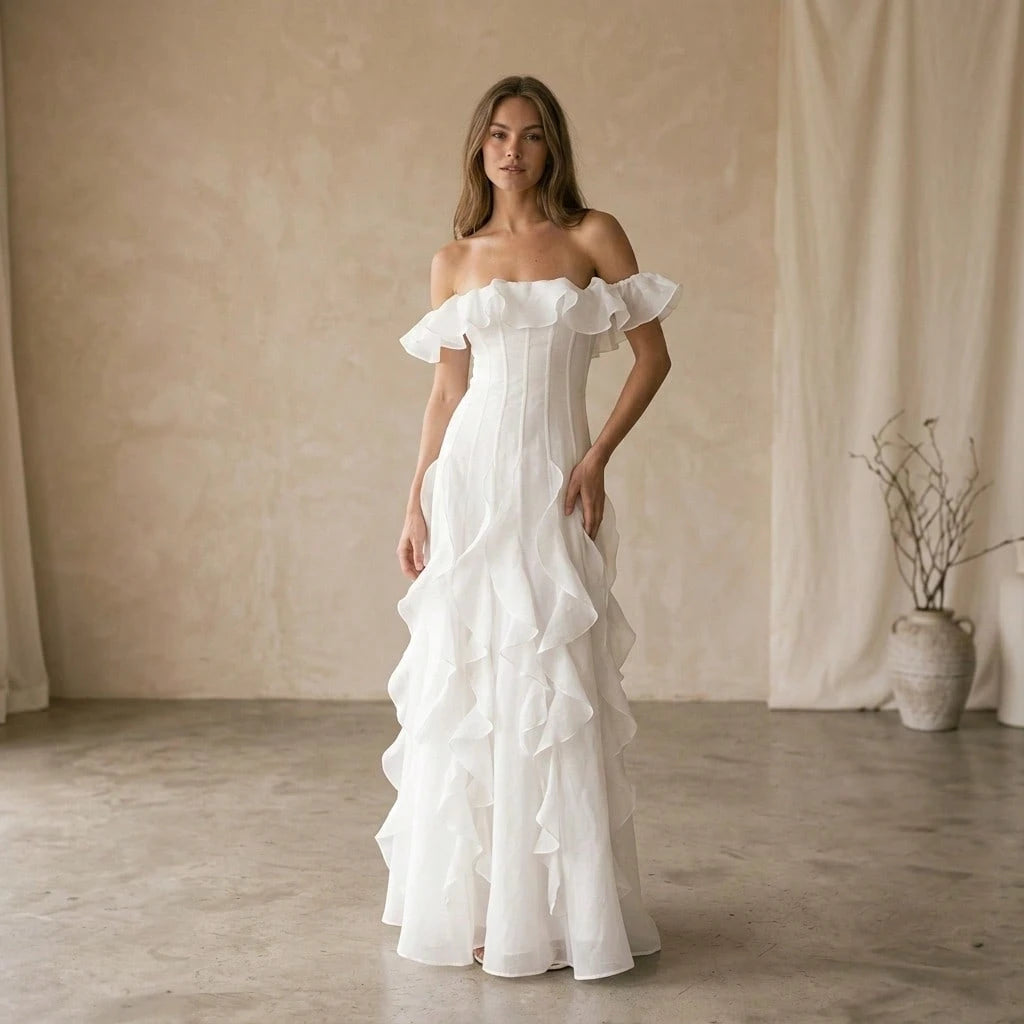 Off Shoulder Maxi Dress With Ruffle Trim Corset Seam Pastel Watercolor Tie Dye Print Elegant French Romantic For Beach Vacation Wedding Guest Resort