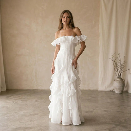 Off Shoulder Maxi Dress With Ruffle Trim Corset Seam Pastel Watercolor Tie Dye Print Elegant French Romantic For Beach Vacation Wedding Guest Resort