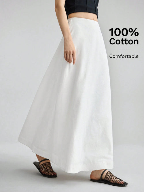 Ontre Women's White Summer Basic Vacation A-Line Skirt, Bamboo Texture Soft Thick Fabric With Pockets,Elegant Boho Vintage Style Office Attire