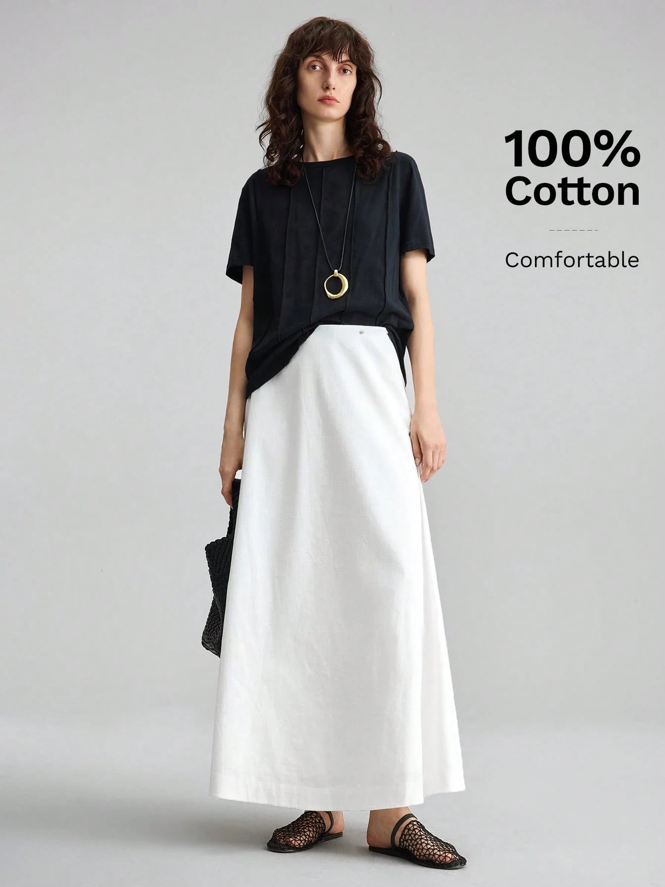 Ontre Women's White Summer Basic Vacation A-Line Skirt, Bamboo Texture Soft Thick Fabric With Pockets,Elegant Boho Vintage Style Office Attire