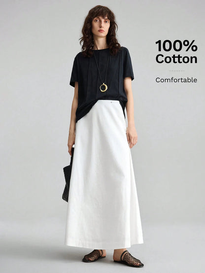 Ontre Women's White Summer Basic Vacation A-Line Skirt, Bamboo Texture Soft Thick Fabric With Pockets,Elegant Boho Vintage Style Office Attire