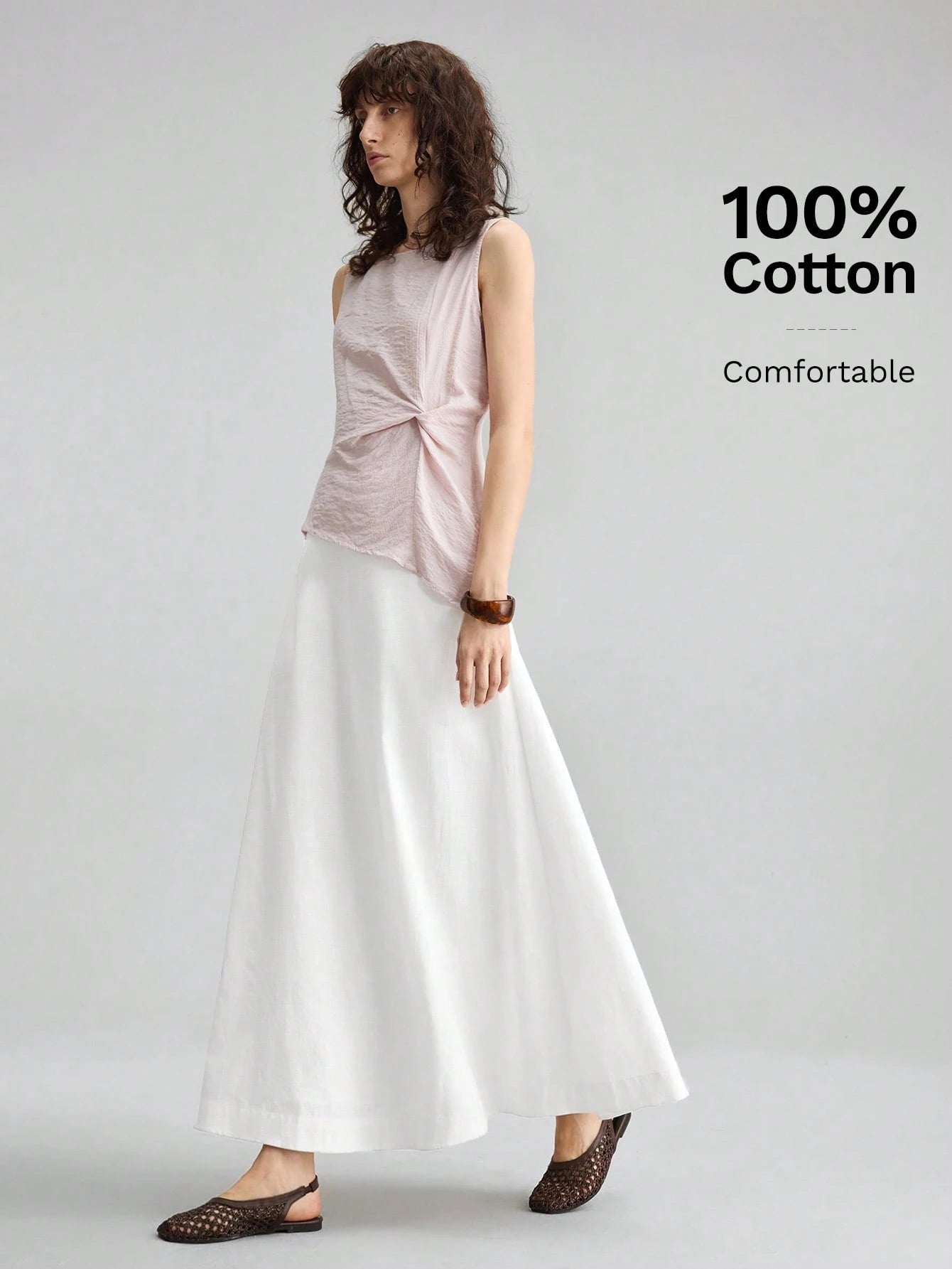 Ontre Women's White Summer Basic Vacation A-Line Skirt, Bamboo Texture Soft Thick Fabric With Pockets,Elegant Boho Vintage Style Office Attire