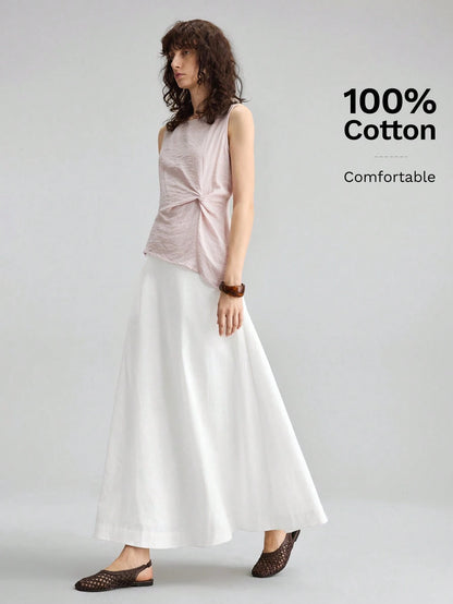 Ontre Women's White Summer Basic Vacation A-Line Skirt, Bamboo Texture Soft Thick Fabric With Pockets,Elegant Boho Vintage Style Office Attire