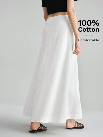 Ontre Women's White Summer Basic Vacation A-Line Skirt, Bamboo Texture Soft Thick Fabric With Pockets,Elegant Boho Vintage Style Office Attire
