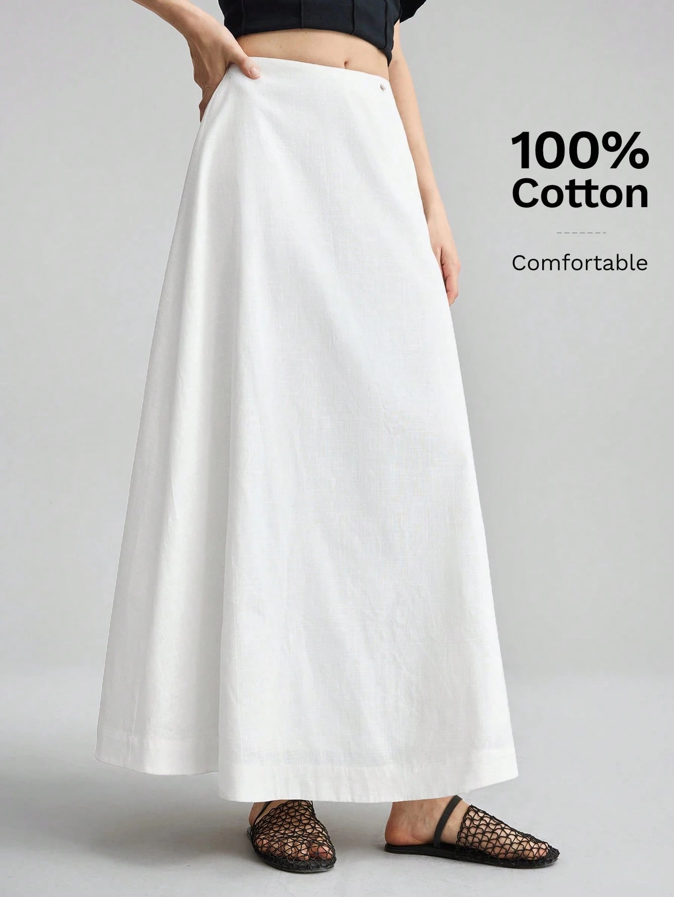 Ontre Women's White Summer Basic Vacation A-Line Skirt, Bamboo Texture Soft Thick Fabric With Pockets,Elegant Boho Vintage Style Office Attire