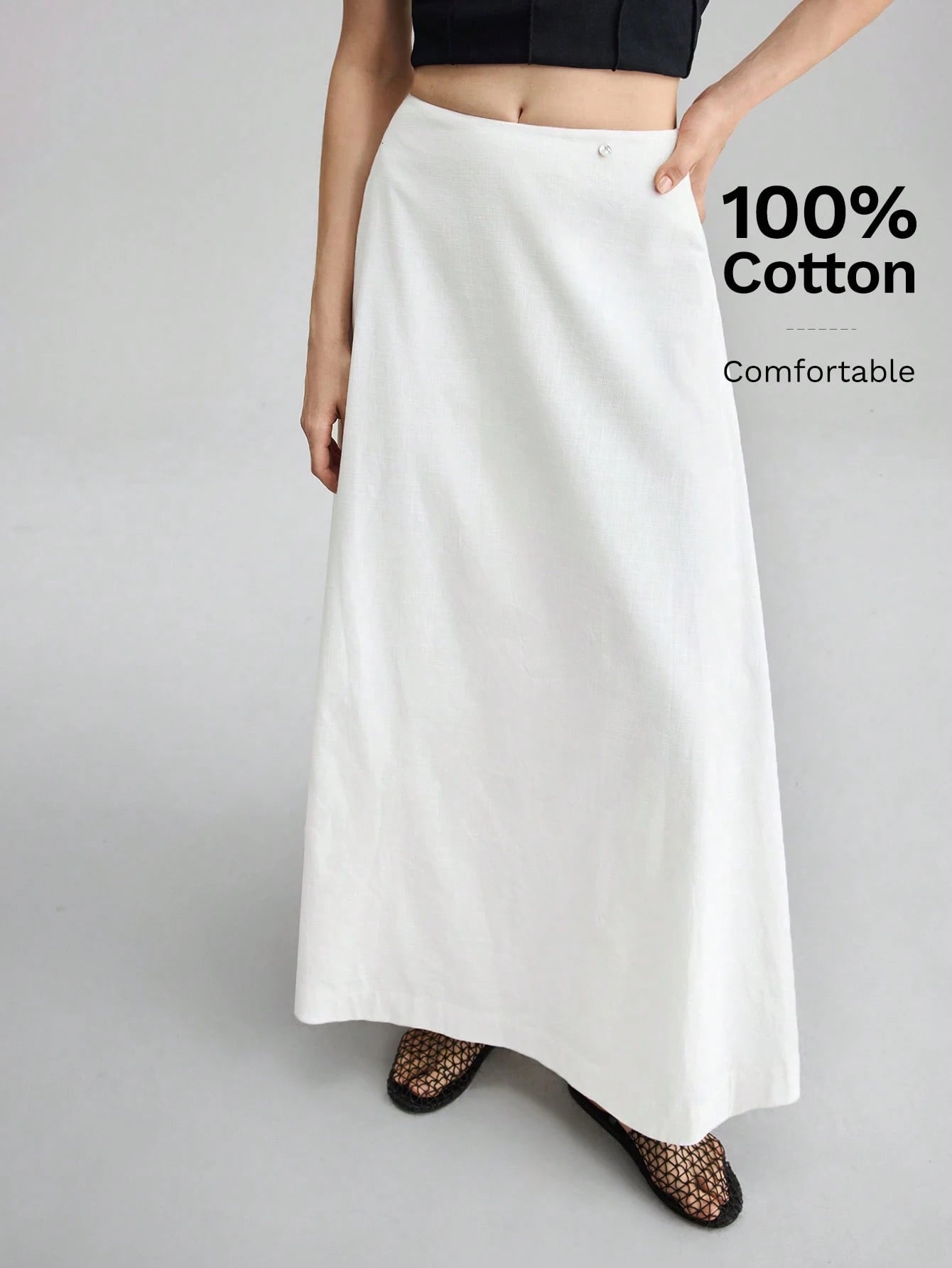 Ontre Women's White Summer Basic Vacation A-Line Skirt, Bamboo Texture Soft Thick Fabric With Pockets,Elegant Boho Vintage Style Office Attire