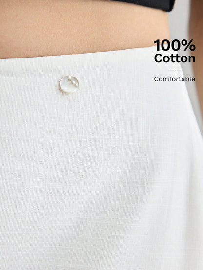 Ontre Women's White Summer Basic Vacation A-Line Skirt, Bamboo Texture Soft Thick Fabric With Pockets,Elegant Boho Vintage Style Office Attire