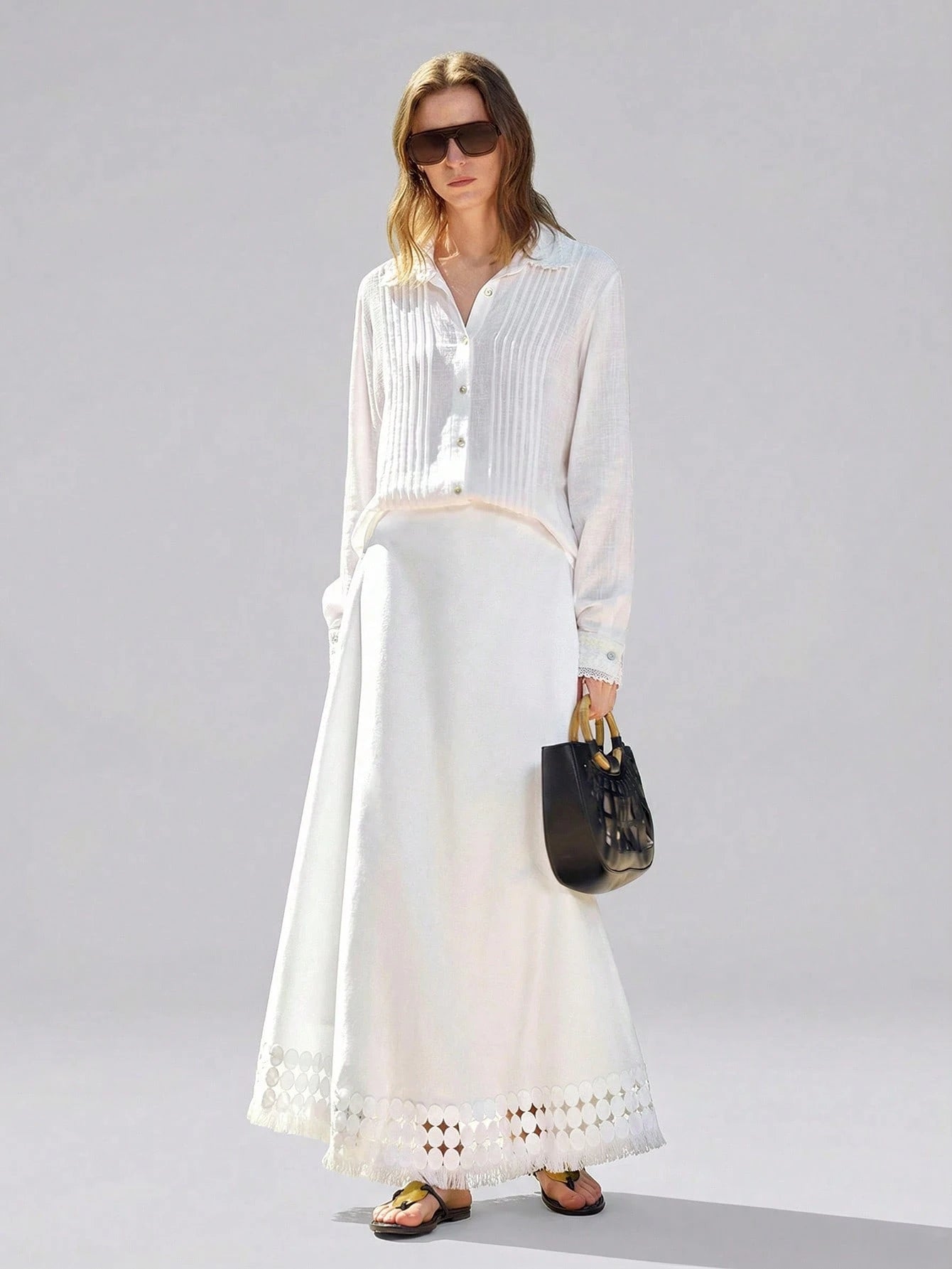 Ontre Women's White Summer Basic Vacation A-Line Skirt, Bamboo Texture Soft Thick Fabric With Pockets,Elegant Boho Vintage Style Office Attire