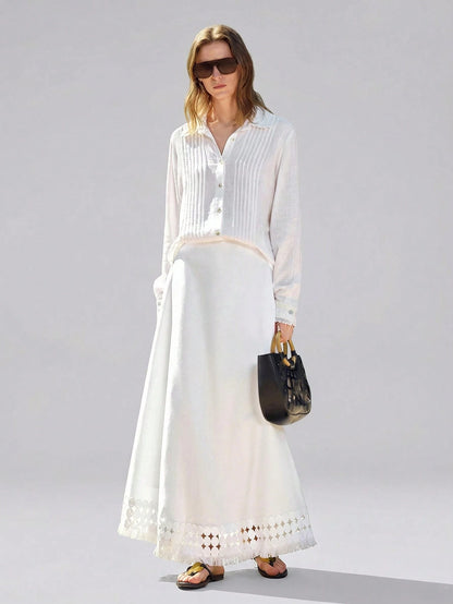 Ontre Women's White Summer Basic Vacation A-Line Skirt, Bamboo Texture Soft Thick Fabric With Pockets,Elegant Boho Vintage Style Office Attire