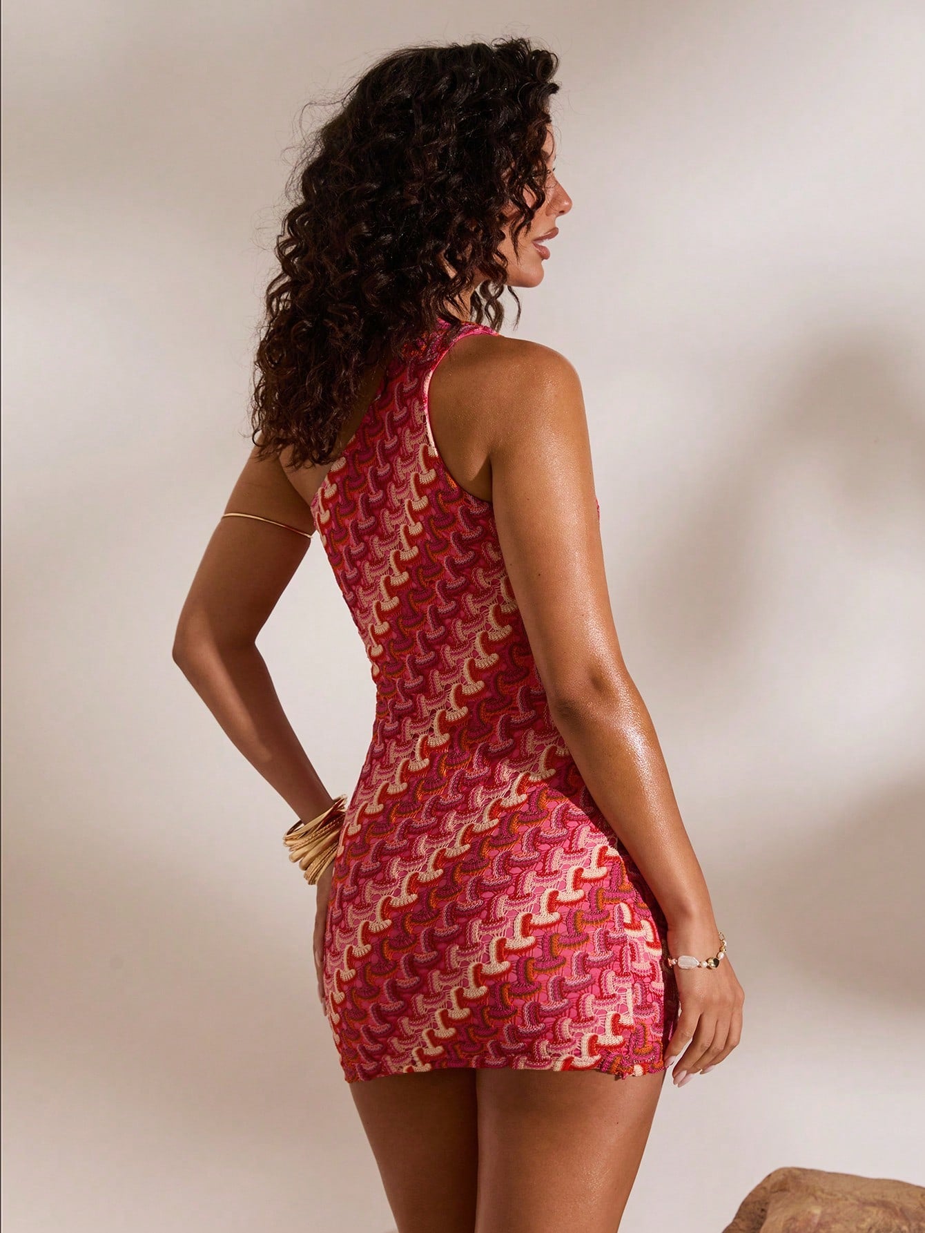 Opulessa Pink And Red Summer Casual Sexy Holiday Vacation Knit Striped One-Shoulder Mini Dress For Women,Elegant Beach Bohemian Outfits,Party Mermaid Ibiza