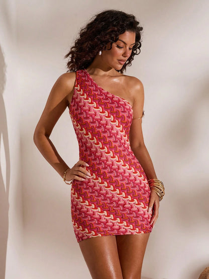 Opulessa Pink And Red Summer Casual Sexy Holiday Vacation Knit Striped One-Shoulder Mini Dress For Women,Elegant Beach Bohemian Outfits,Party Mermaid Ibiza