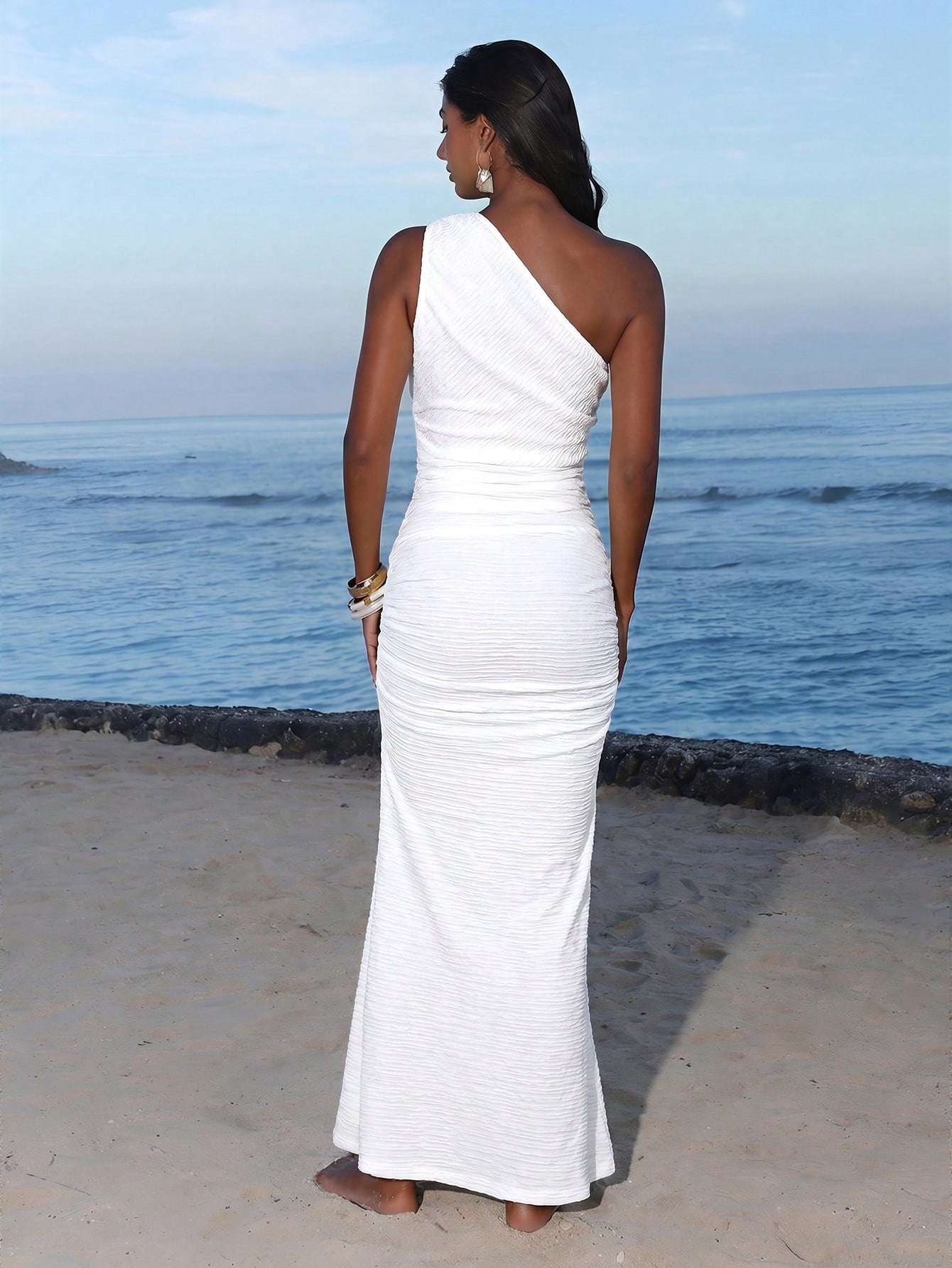 Opulessa Spring/Summer Vacation Knitted One-Shoulder Fitted Dress For Women Beach Vacation White Sexy Tropical