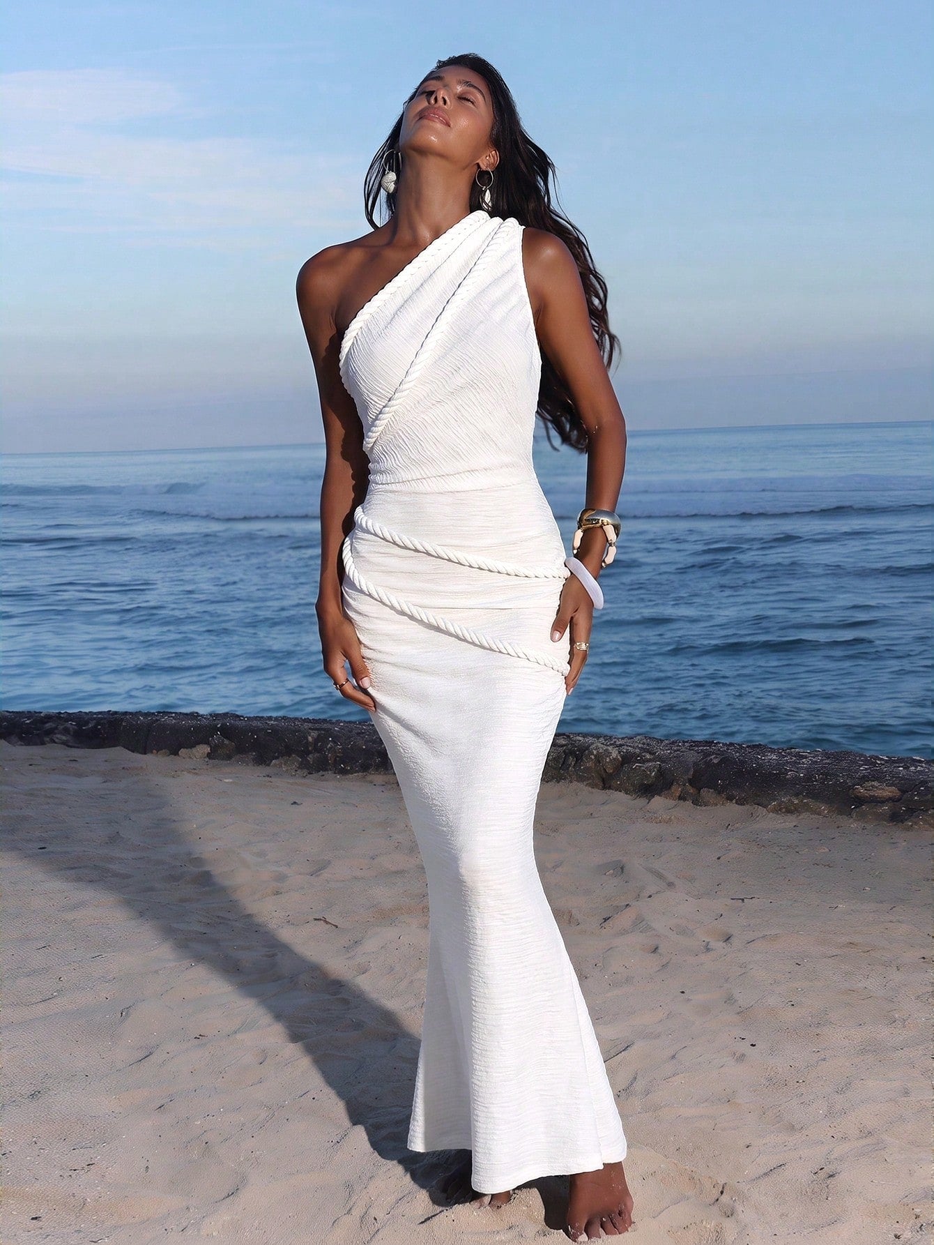 Opulessa Spring/Summer Vacation Knitted One-Shoulder Fitted Dress For Women Beach Vacation White Sexy Tropical