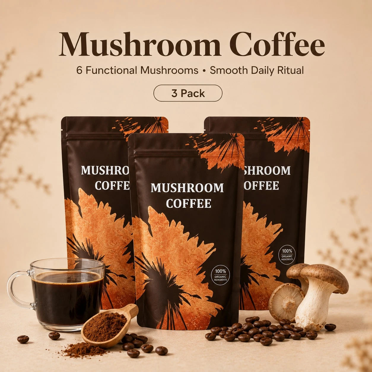 Organic Mushroom Coffee 1pack (90 Servings)| 6 Adaptogens + MCT Oil, Lion's Mane For Focus – USA Instant – Fuel Energy, Support Digestion & Immunity!