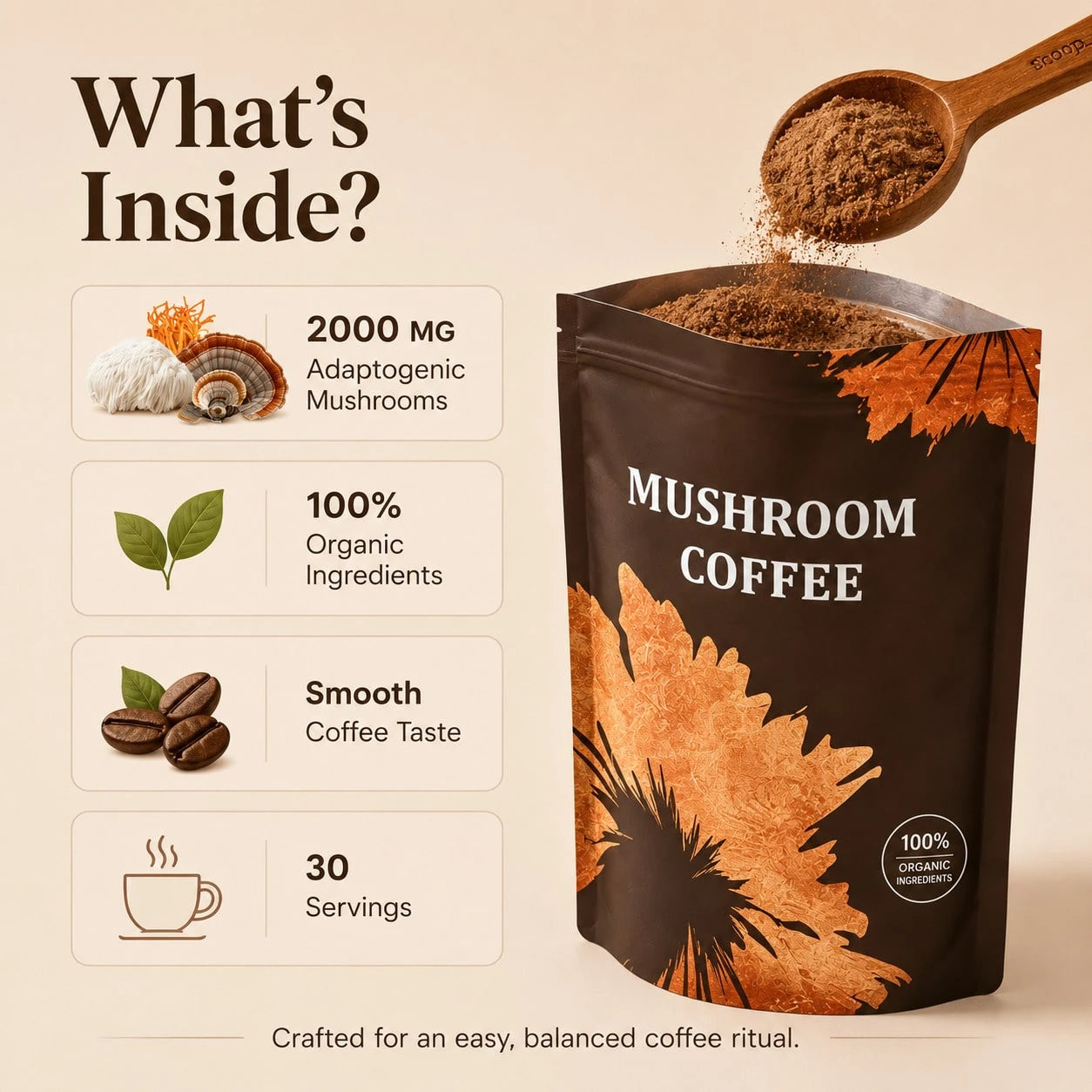 Organic Mushroom Coffee 1pack (90 Servings)| 6 Adaptogens + MCT Oil, Lion's Mane For Focus – USA Instant – Fuel Energy, Support Digestion & Immunity!