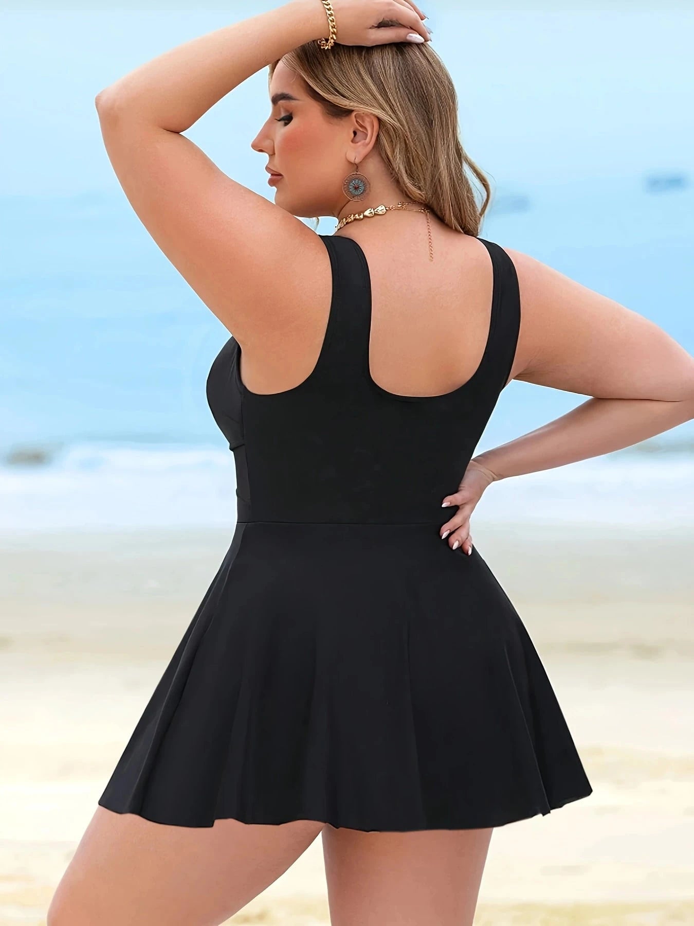 Oversized Women's Sleeveless Round Neck One-Piece Swimsuit With Mesh Perspective And Umbrella Swing Skirt Pants To Cover The Belly And Hide Meat Conservative Swimsuit