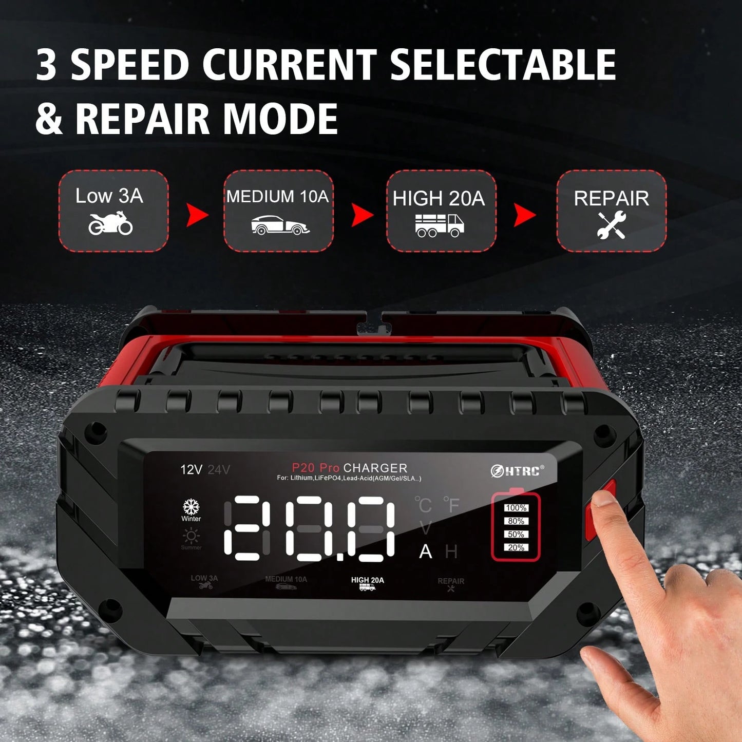 P20 Pro Smart Car Battery Charger, 12V/24V Automotive Charger, Lead-Acid Battery, LiFePO4 Battery Maintainer With LCD Display, Trickle Charger, For Lawn Mower, Motorcycle, AGM, STD, Gel, EFB,Etc