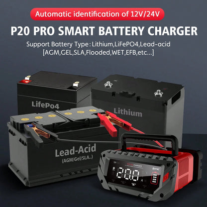 P20 Pro Smart Car Battery Charger, 12V/24V Automotive Charger, Lead-Acid Battery, LiFePO4 Battery Maintainer With LCD Display, Trickle Charger, For Lawn Mower, Motorcycle, AGM, STD, Gel, EFB,Etc