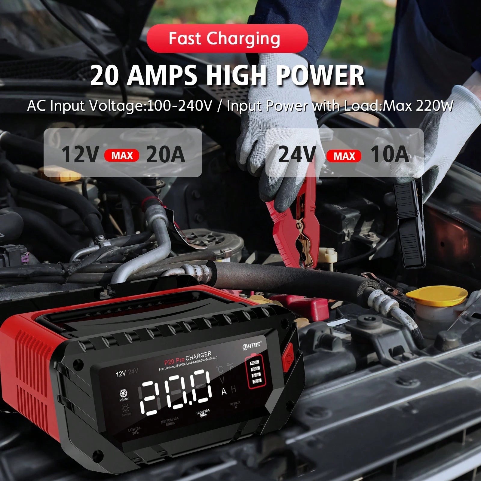 P20 Pro Smart Car Battery Charger, 12V/24V Automotive Charger, Lead-Acid Battery, LiFePO4 Battery Maintainer With LCD Display, Trickle Charger, For Lawn Mower, Motorcycle, AGM, STD, Gel, EFB,Etc