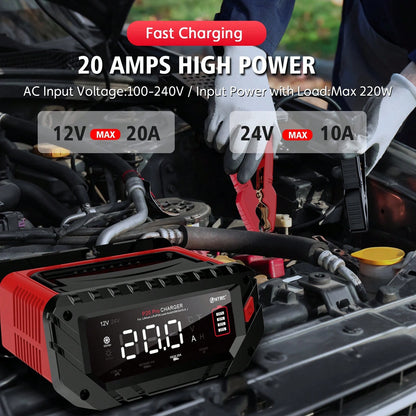 P20 Pro Smart Car Battery Charger, 12V/24V Automotive Charger, Lead-Acid Battery, LiFePO4 Battery Maintainer With LCD Display, Trickle Charger, For Lawn Mower, Motorcycle, AGM, STD, Gel, EFB,Etc