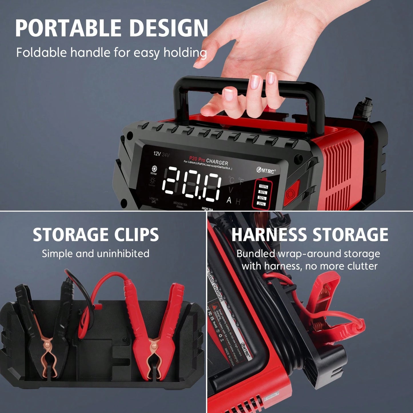 P20 Pro Smart Car Battery Charger, 12V/24V Automotive Charger, Lead-Acid Battery, LiFePO4 Battery Maintainer With LCD Display, Trickle Charger, For Lawn Mower, Motorcycle, AGM, STD, Gel, EFB,Etc
