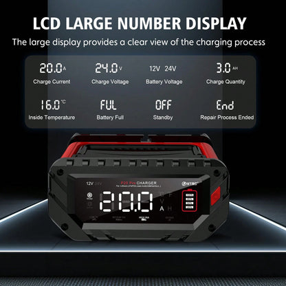 P20 Pro Smart Car Battery Charger, 12V/24V Automotive Charger, Lead-Acid Battery, LiFePO4 Battery Maintainer With LCD Display, Trickle Charger, For Lawn Mower, Motorcycle, AGM, STD, Gel, EFB,Etc