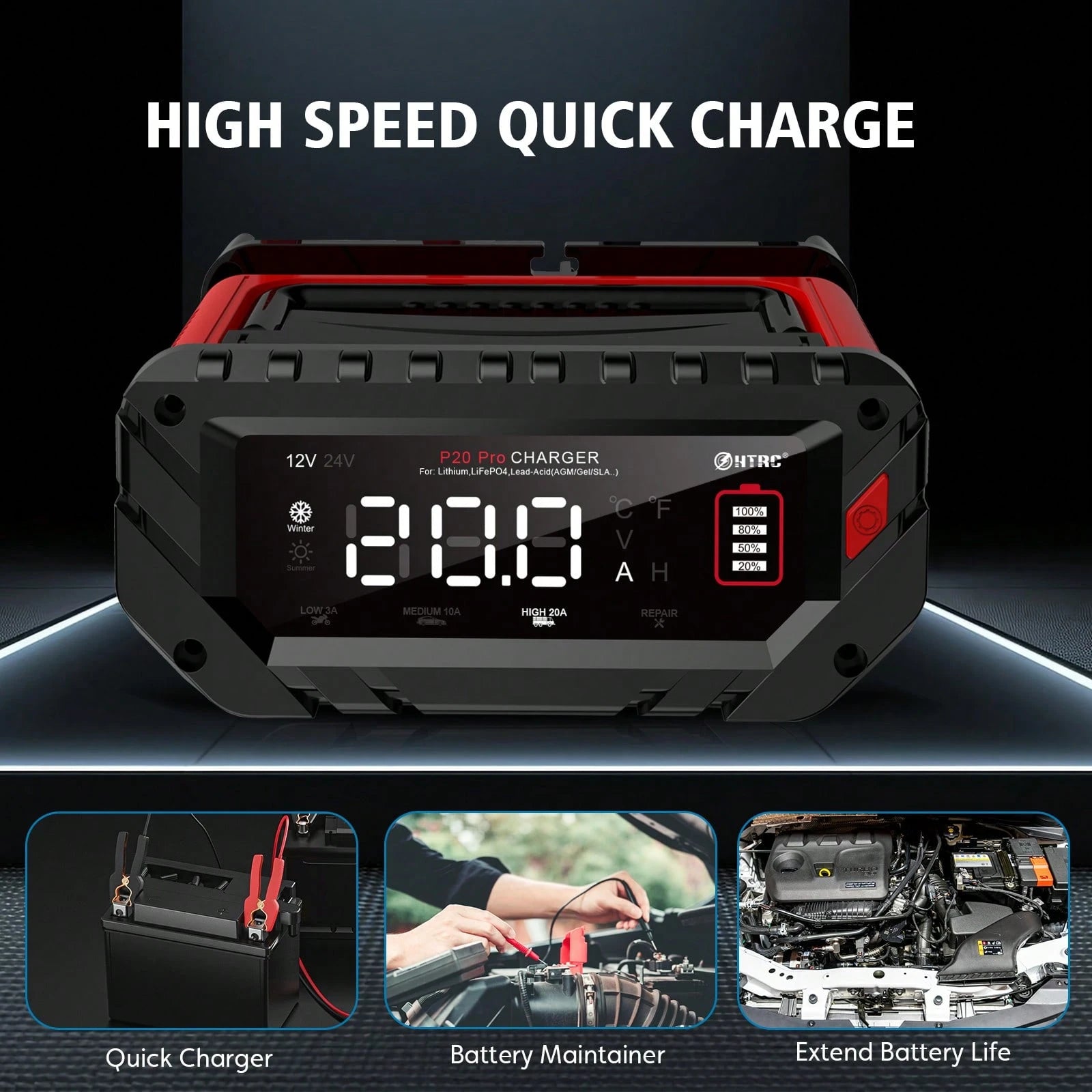 P20 Pro Smart Car Battery Charger, 12V/24V Automotive Charger, Lead-Acid Battery, LiFePO4 Battery Maintainer With LCD Display, Trickle Charger, For Lawn Mower, Motorcycle, AGM, STD, Gel, EFB,Etc