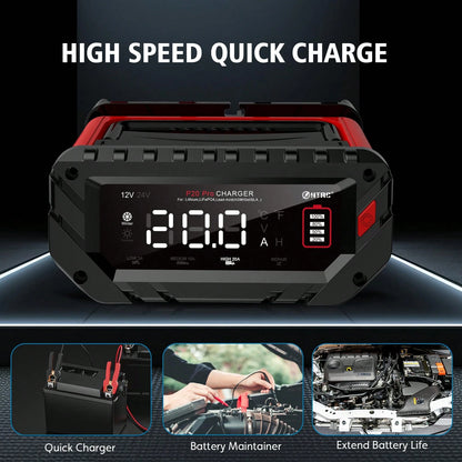 P20 Pro Smart Car Battery Charger, 12V/24V Automotive Charger, Lead-Acid Battery, LiFePO4 Battery Maintainer With LCD Display, Trickle Charger, For Lawn Mower, Motorcycle, AGM, STD, Gel, EFB,Etc