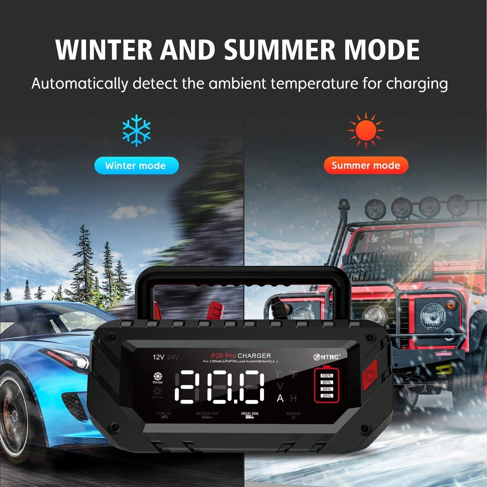 P20 Pro Smart Car Battery Charger, 12V/24V Automotive Charger, Lead-Acid Battery, LiFePO4 Battery Maintainer With LCD Display, Trickle Charger, For Lawn Mower, Motorcycle, AGM, STD, Gel, EFB,Etc