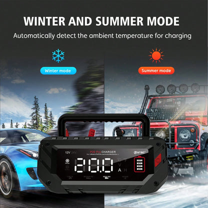 P20 Pro Smart Car Battery Charger, 12V/24V Automotive Charger, Lead-Acid Battery, LiFePO4 Battery Maintainer With LCD Display, Trickle Charger, For Lawn Mower, Motorcycle, AGM, STD, Gel, EFB,Etc