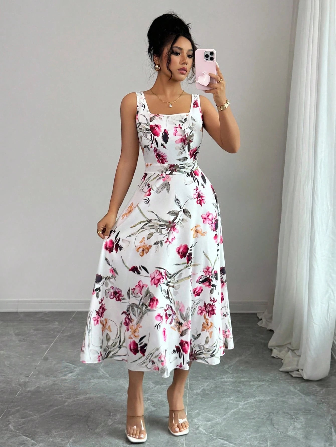 Pariaura Women's Fashionable Elegant Printed Waist Dress