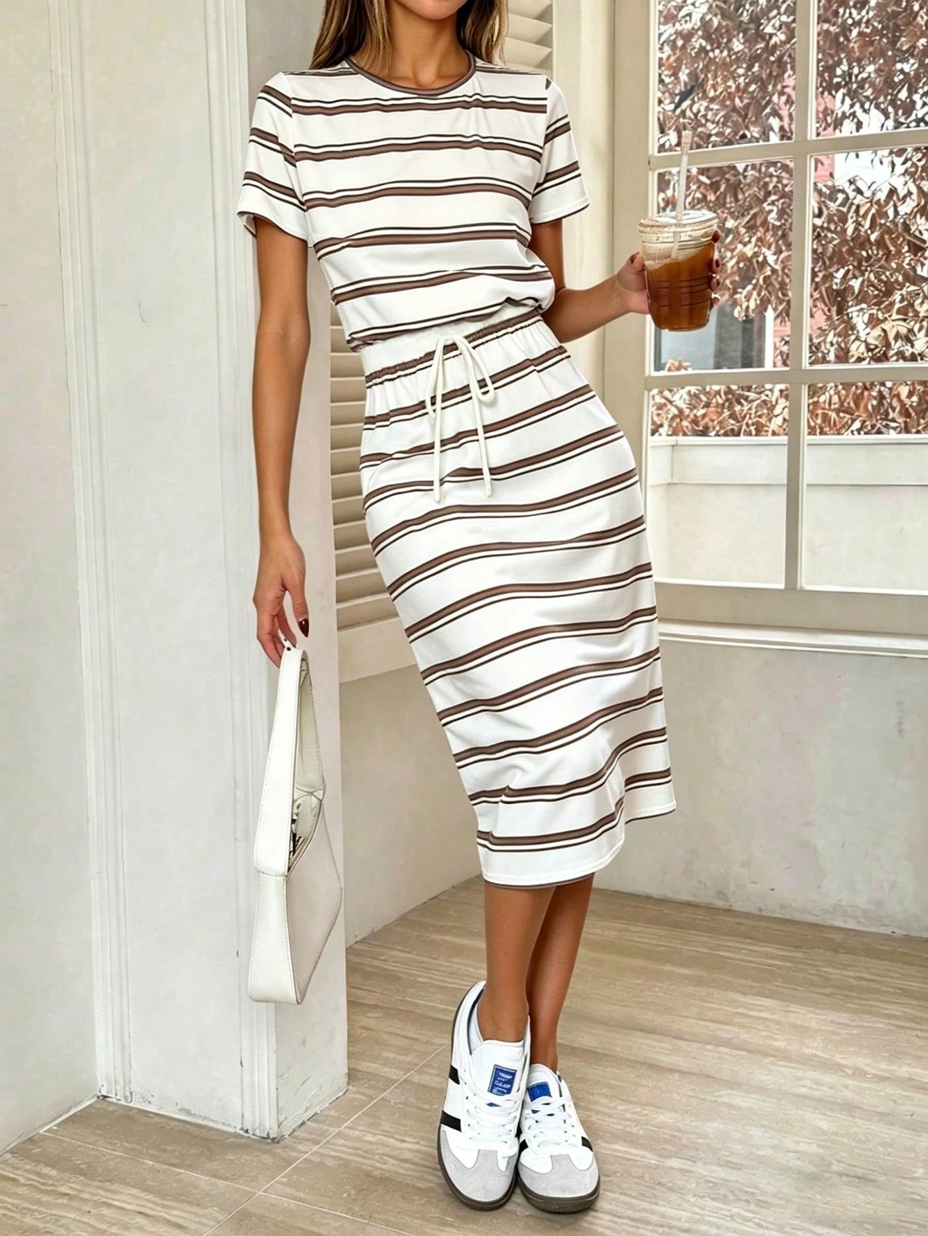 PariChic Striped Tie Front Midi Casual Dress For Women, Minimalist Style