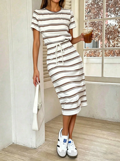 PariChic Striped Tie Front Midi Casual Dress For Women, Minimalist Style