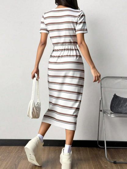PariChic Striped Tie Front Midi Casual Dress For Women, Minimalist Style