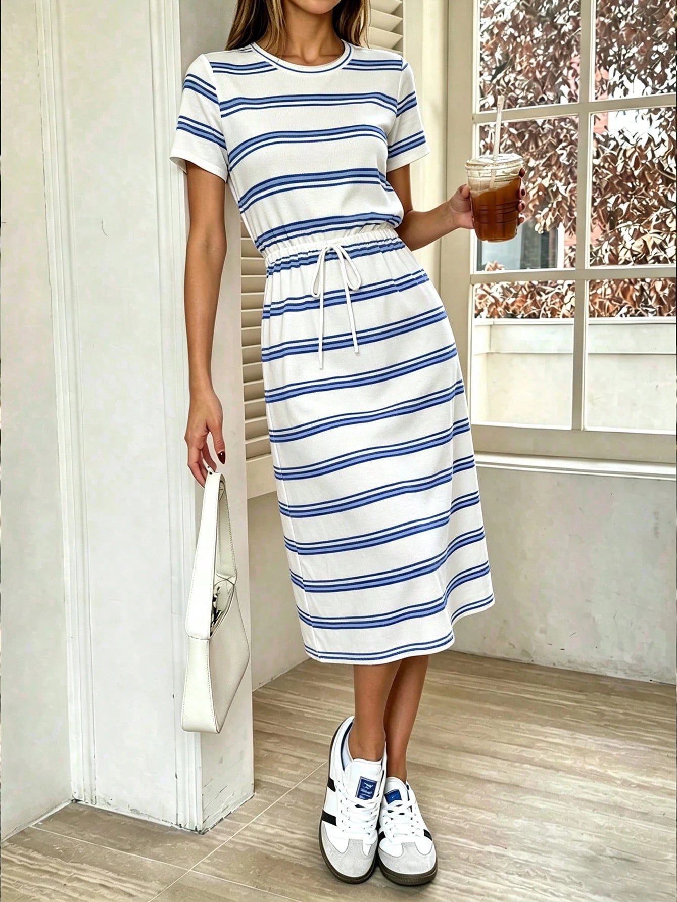 PariChic Striped Tie Front Midi Casual Dress For Women, Minimalist Style