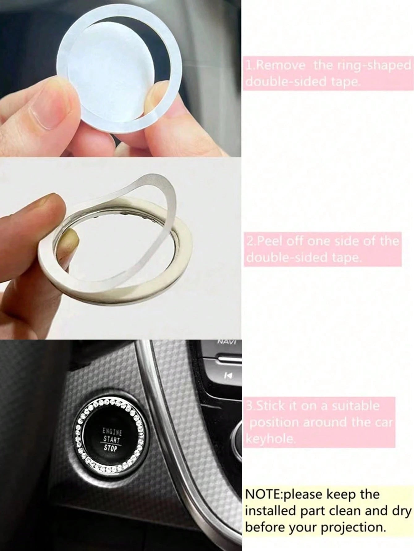 (Pay Attention To The Size, Not Suitable For All Cars ) 3.8cm Car One Key Start Button Decorative Ring With Diamond Inlaid Crystal Ignition Ring White