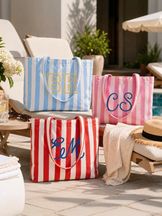 Personalized Name Beach Tote Bag, Bridal Tote Bag, Bridal Party Bag, Personalized Embroidered Letter Canvas Tote Bag, Custom Beach Bag, Striped Large
