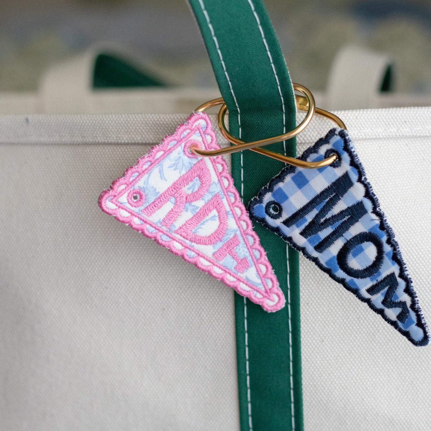 Personalized Triangle Flag Embroidered Bag Charm| Customized Initial Keychain| Gold Carabiner| Heirloom Style Gift| Luggage Tag| Key Ring, Bag Pendant