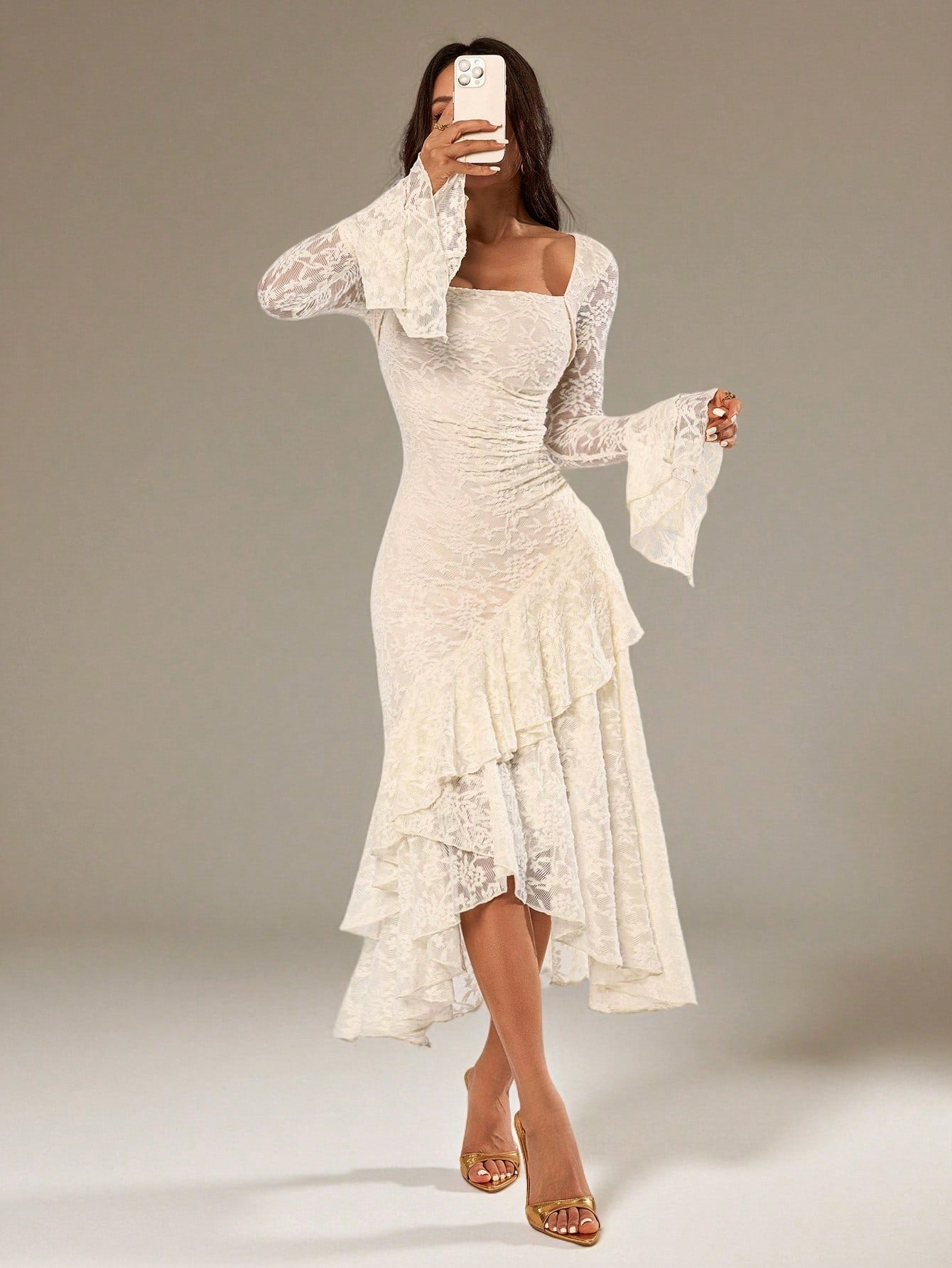 PETITE Autumn Solid White Textured Floral Square Neck Long Sleeve Asymmetric Hem Ruffle Women's Maxi Dress, Suitable For Cocktail Parties Formal Birthday