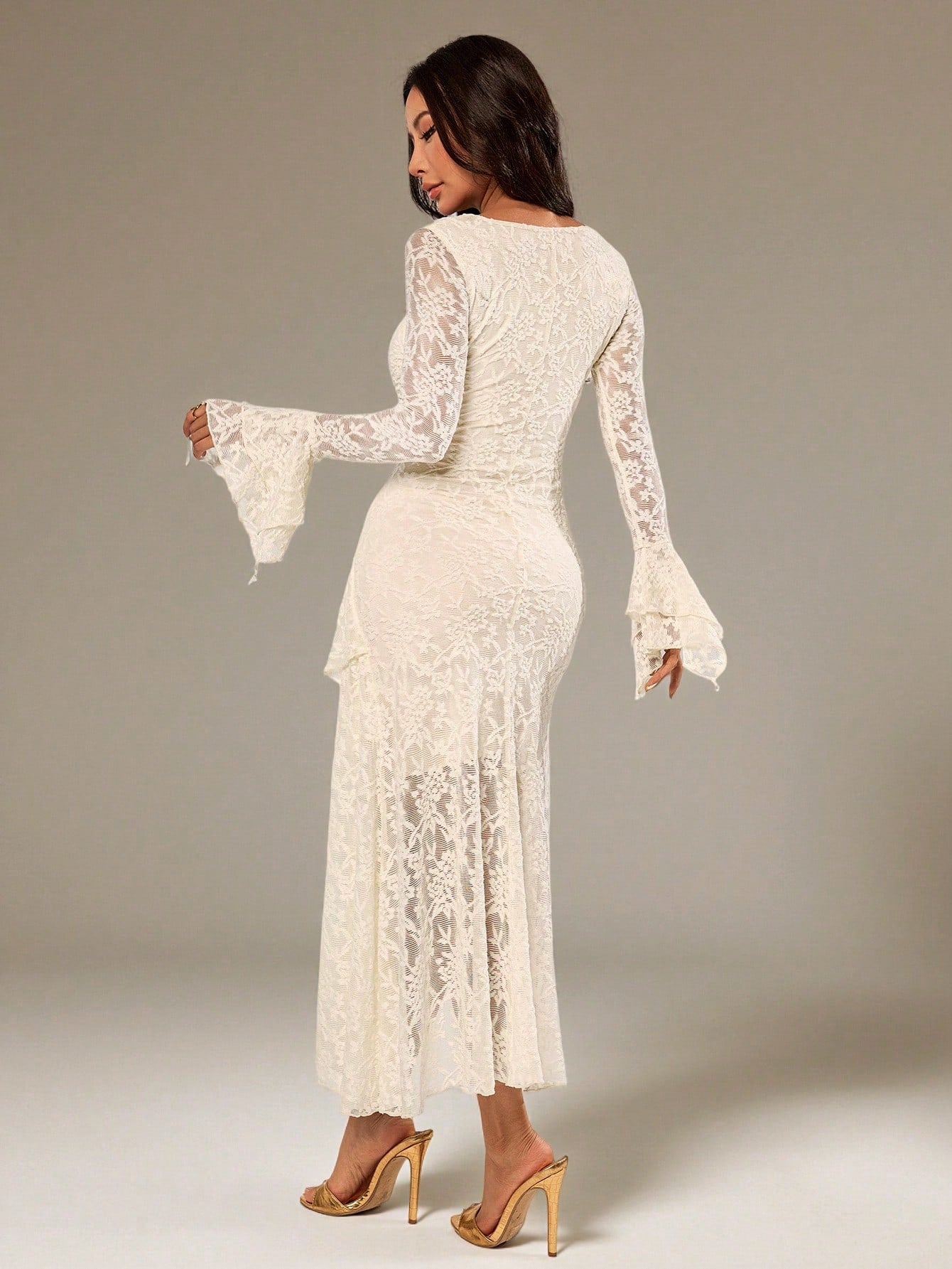 PETITE Autumn Solid White Textured Floral Square Neck Long Sleeve Asymmetric Hem Ruffle Women's Maxi Dress, Suitable For Cocktail Parties Formal Birthday