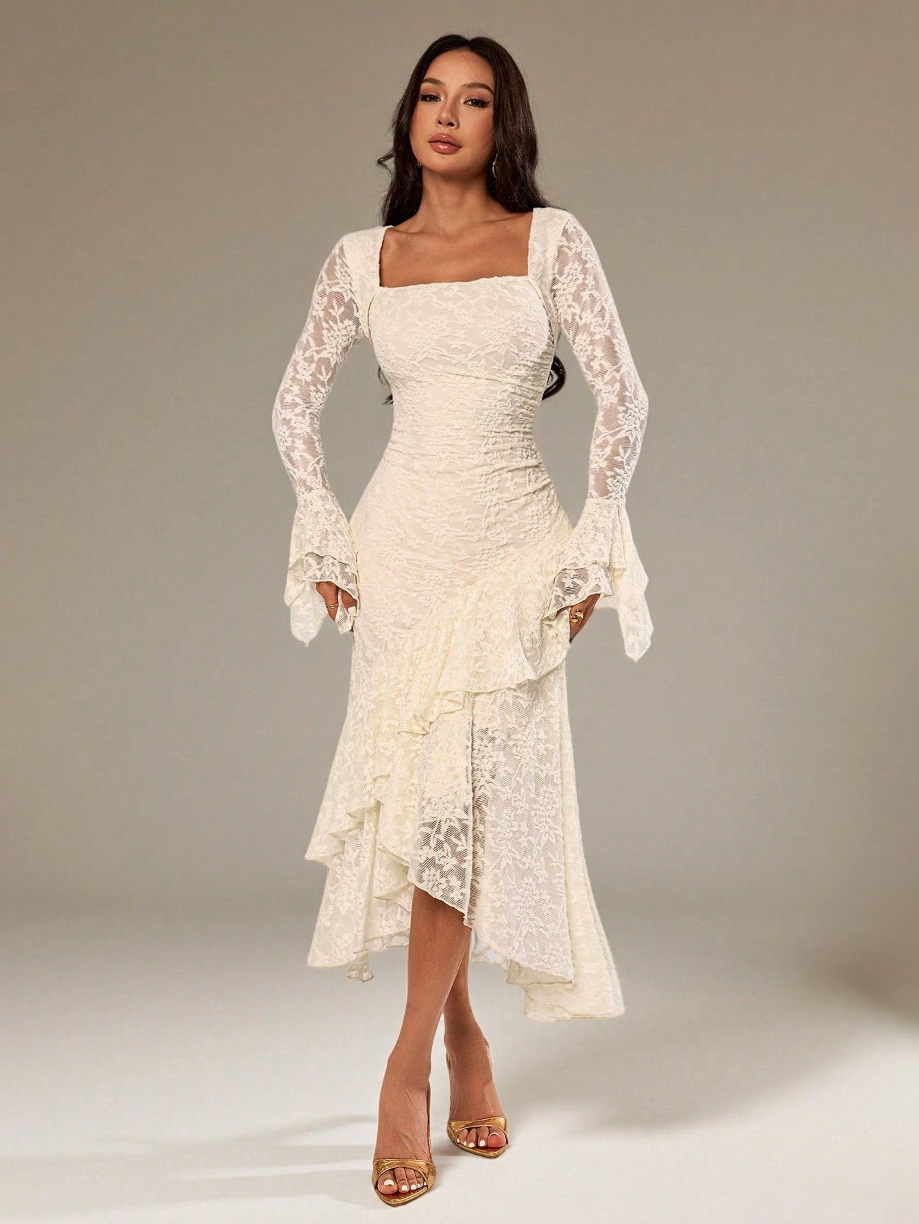 PETITE Autumn Solid White Textured Floral Square Neck Long Sleeve Asymmetric Hem Ruffle Women's Maxi Dress, Suitable For Cocktail Parties Formal Birthday